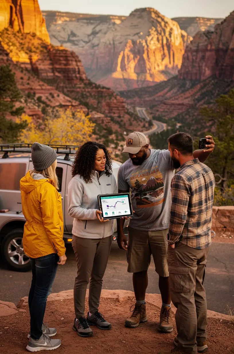 A ranger speaking to a small group of visitors at an outdoor interpretive sign, explaining wildlife safety and seasonal trail conditions
