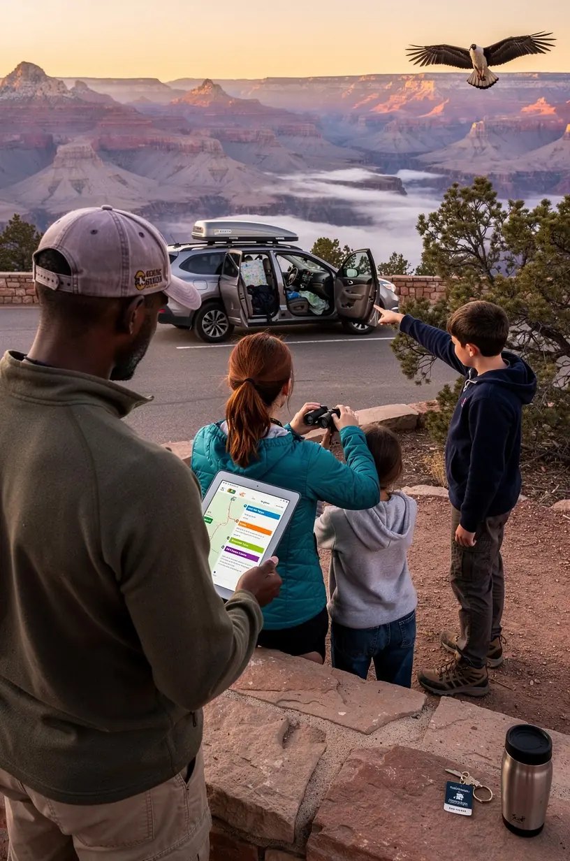 A hiking trail marked by a stone cairn and directional sign at a fork, with hikers reading a trail map before choosing a loop through red rock formations